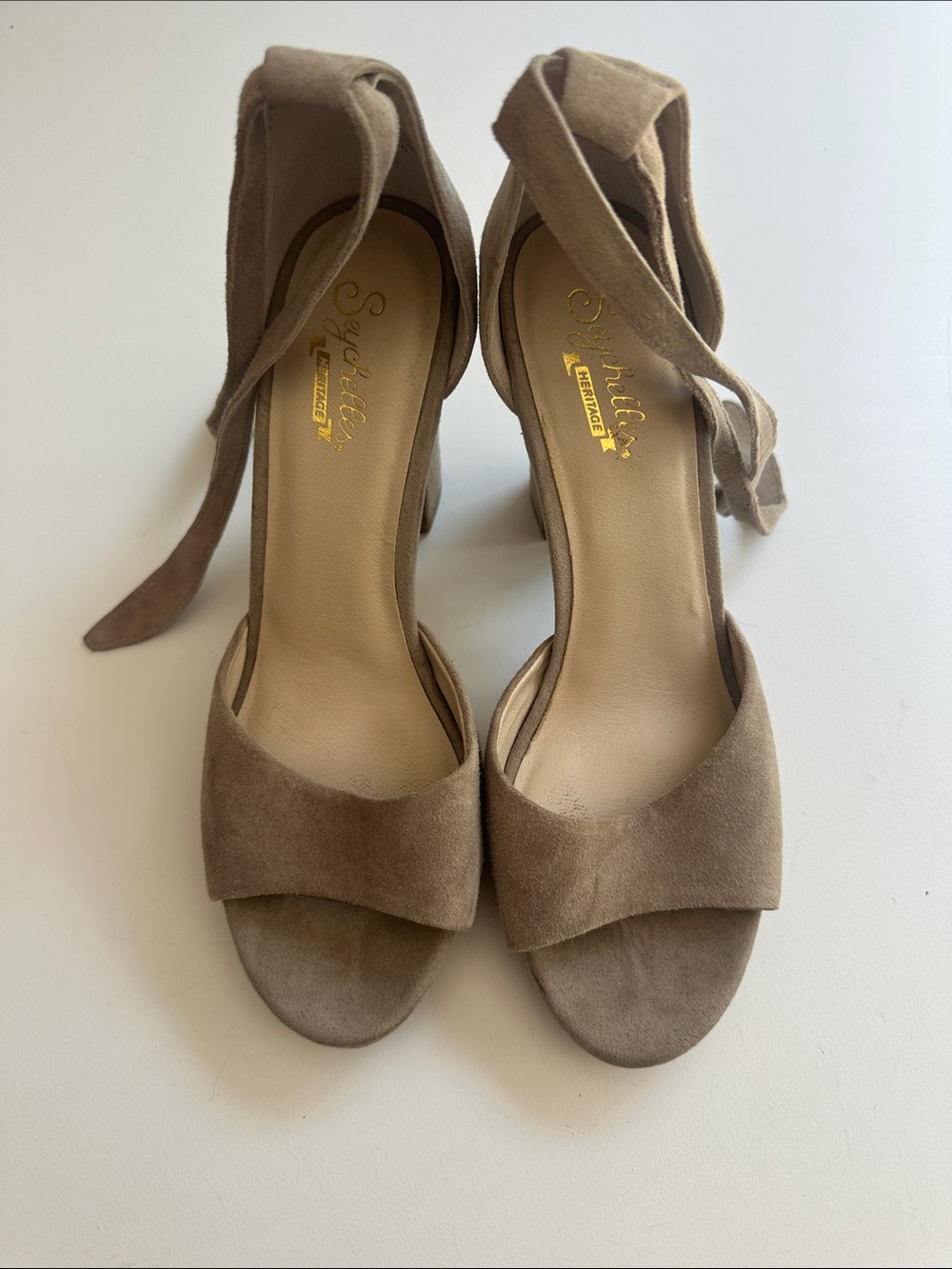 Seychelles Taupe Suede Ankle-Tie Open-Toe Heels